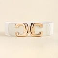 Detail of white elastic waist belt featuring a polished gold double C geometric metal buckle - White