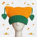 Handmade crochet cat ear beanie in orange and green stripes with leaf tassels - Orange Green Heart