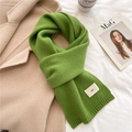 Detail of green knit scarf with ribbed texture and small beige label on soft coat - Avocado Green