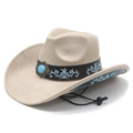Dettaglio cappello da cowboy beige con ricamo floreale blu e pietra turchese - M (56-58cm) / Beige