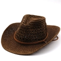 Ethnic style hollow straw cowboy hat in dark brown with breathable weave and chin strap - M (56-58cm) / Coffee