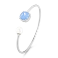 Bracciale a C in acciaio inossidabile argento con cristallo blu quadro e perla - Celeste + Argento