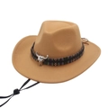 Detail of wool western cowboy hat featuring silver bull head emblem and ethnic patterned band - One Size / Camel (Ethnic Bull)