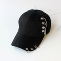 Black cotton baseball cap featuring silver metal rings and hanging side chains - M Adult (55-59CM) / Chain / Black