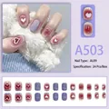 Short round French press-on nails A503 in lilac and wine red gradient with heart designs - Purple Red Gradient 3D Heart Style (A503)