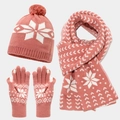 Dettaglio set invernale rosa in maglia con motivi a fiocchi di neve e morbidi pompon - Rosa
