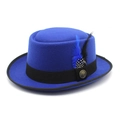 Royal blue wool pork pie hat for men and women with elegant feather and metal badge detail - M(56-58cm) / Blue