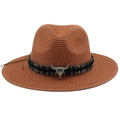 Detailed macro view of woven straw hat texture with ethnic band and silver bull head ornament - M(56-58cm) / Caramel