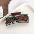 Brown western leather-style hair claw clip with vintage teal floral scroll patterns - Turquoise Green