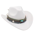 White felt cowboy hat with colorful beaded band, turquoise stone, and silver coin - M (56-58cm) / White
