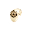 Detail of gold plated adjustable open ring featuring a polished letter K charm centerpiece - Letter K