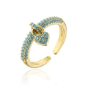18K gold plated open heart ring with micro-paved blue zircons on white background - Adjustable Open / Dark Blue