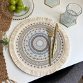 Round bohemian cotton linen placemat with blue geometric patterns and fringed edges - Bohemian Style No.12 Placemat (Beige Brown Blue)