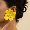 Chic oversized yellow flower petal earrings with pearl center for fashionable women - Yellow