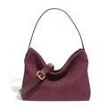 Vintage large capacity dark red woven tote bag with adjustable gold buckle strap - Bordeaux Red (Extended Handle)