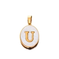 Macro detail of oval pendant with letter U on white mother-of-pearl and gold finish - Gold Letter U
