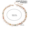 Detail view of gold necklace with pearls and colorful gemstones showing product dimensions - Flower Pearl Necklace (06753) / Gold
