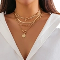 Layered gold chain necklace set with vintage coin pendant and OT toggle clasp - 14 Gold
