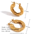 Hammered 18K gold plated stainless steel hollow hoop earrings with textured finish - Hammered Flat Hoop Earrings - Gold