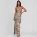 Rückenfreies Maxikleid in Staubgrün mit Vintage-Blumenmuster und Barock-Print - Hellgrün