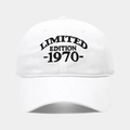 Close-up of black Limited Edition 1970 embroidery on a white washed baseball cap - 1970 White