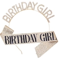 Macro detail of sparkly gold glitter sash and rhinestone Birthday Girl crown headband set - Gold Set 1