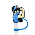 Blue nurse cartoon silicone straw cover cap for dust protection on reusable straws - 1718-09 Blue Muscle Nurse