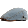 Berretto in denim azzurro con tesa in camoscio marrone e cuciture arancioni a contrasto - Regolabile / Azzurro