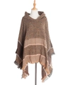 Women's earth-tone hooded knit poncho with chevron texture and fringe trim details - Coffee