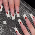 French tip press-on nails with red heart designs on long square shape for Valentine's - French Heart Long Square Glue Type (SGCY-227)