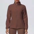 Detail view of coffee brown fleece zip-up jacket with stand collar and metal zipper - S / Chestnut Brown