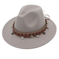 Detail view of wide brim gray felt fedora with ethnic embroidery and metal coin charms - Light Gray