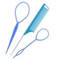 Three-piece blue hair styling set with tail comb and plastic loop hair tools - Blue 3-Piece Set