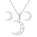 Silver stainless steel moon and star cutout necklace and stud earring jewelry set - 109 Steel Color