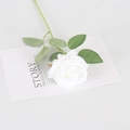 Single white velvet artificial rose with green stem on a minimalist white background - Silk Pure White