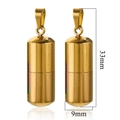 Detailed size view of gold stainless steel capsule pendants with dimensions 33mm by 9mm - Gold