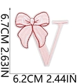 Pink bow embroidery letter V patch size chart showing dimensions 6.7cm by 6.2cm - Pink Letter V