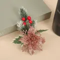 DIY Christmas floral pick with champagne star flowers, red berries and frosted pine needles - Rose Gold