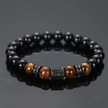 Men's tiger eye and matte black beaded bracelet with micro-pave hex charm and elastic cord - Black Pave Polished Black Beads
