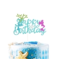 Sparkling mermaid birthday cake topper with Happy Birthday text in blue and pink tones - Large Mermaid Happy Birthday Cake Topper