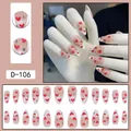 French white almond press-on nails with red heart patterns and small rhinestones - French Heart Print Almond Shape (D-106) / 24 Pcs/Set