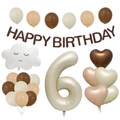 Neutral Earth tone balloon set for 6th birthday with cream cloud and heart shapes - Cream White Number Set 6