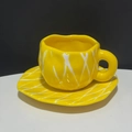 Handcrafted yellow ceramic coffee cup and saucer set with irregular white stripes - 250ML / Yellow Rhombus