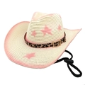 Pink star pattern Western straw cowboy hat with leopard print band and chin strap - M(56-58cm) / Cream