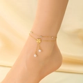Tobillera doble dorada con trébol de cuatro hojas y perlas finas para mujer - Estilo Trébol de Perla de Doble Capa (KJ4244-SXSJ)