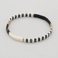Bohemian Tila bead stretch bracelet with black, white, marble blue, and gold accents - Black / Marble / Gold