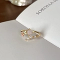 Gold open ring with pink heart gemstone and floral enamel zircon accents - Pink Heart Hibiscus Stone (J6142)