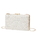 Elegant off-white evening clutch bag with white stone finish and gold chain strap - White