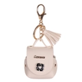 Mini beige faux leather earphone bag keychain with gold hardware and tassel detail - Milky White