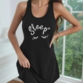Camicia da notte nera senza maniche da donna con scritta Sleep e stampa ciglia comoda - S / Nero